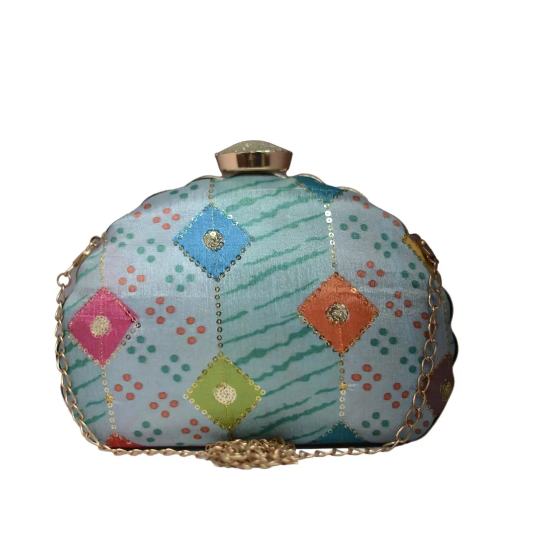 Artklim Blue Sequins Embroidery D-shape Clutch