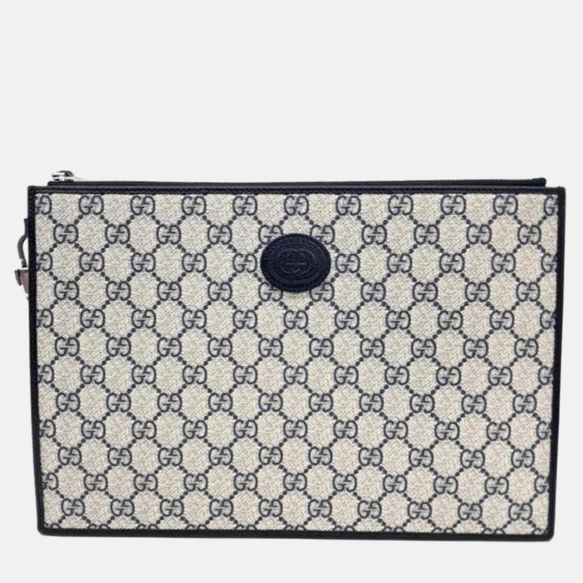 Beige/Navy Blue GG Canvas Interlocking Clutch Bag