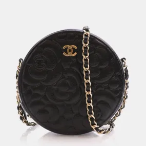 Black Caviar Camellia Embossed Round Clutch With Chain