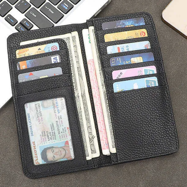 Black Leather Minimalist Wallet - Men's & Women's Long Bifold Wallet NZ