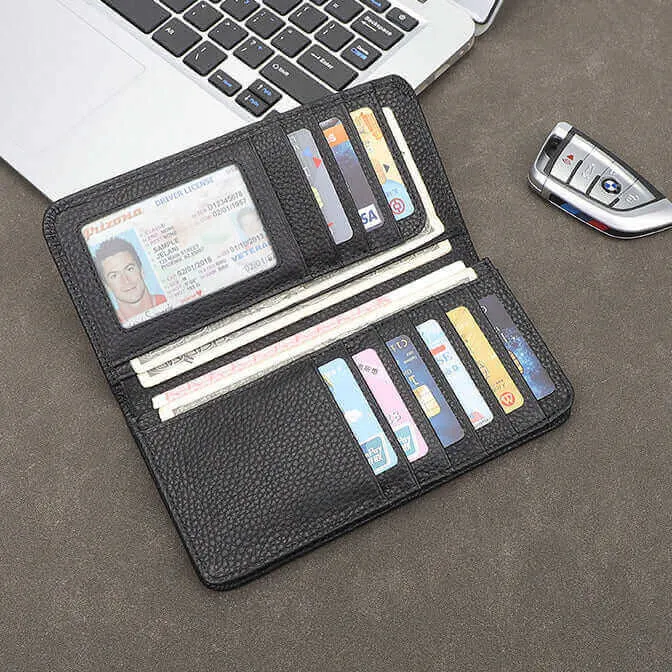 Black Leather Minimalist Wallet - Men's & Women's Long Bifold Wallet NZ