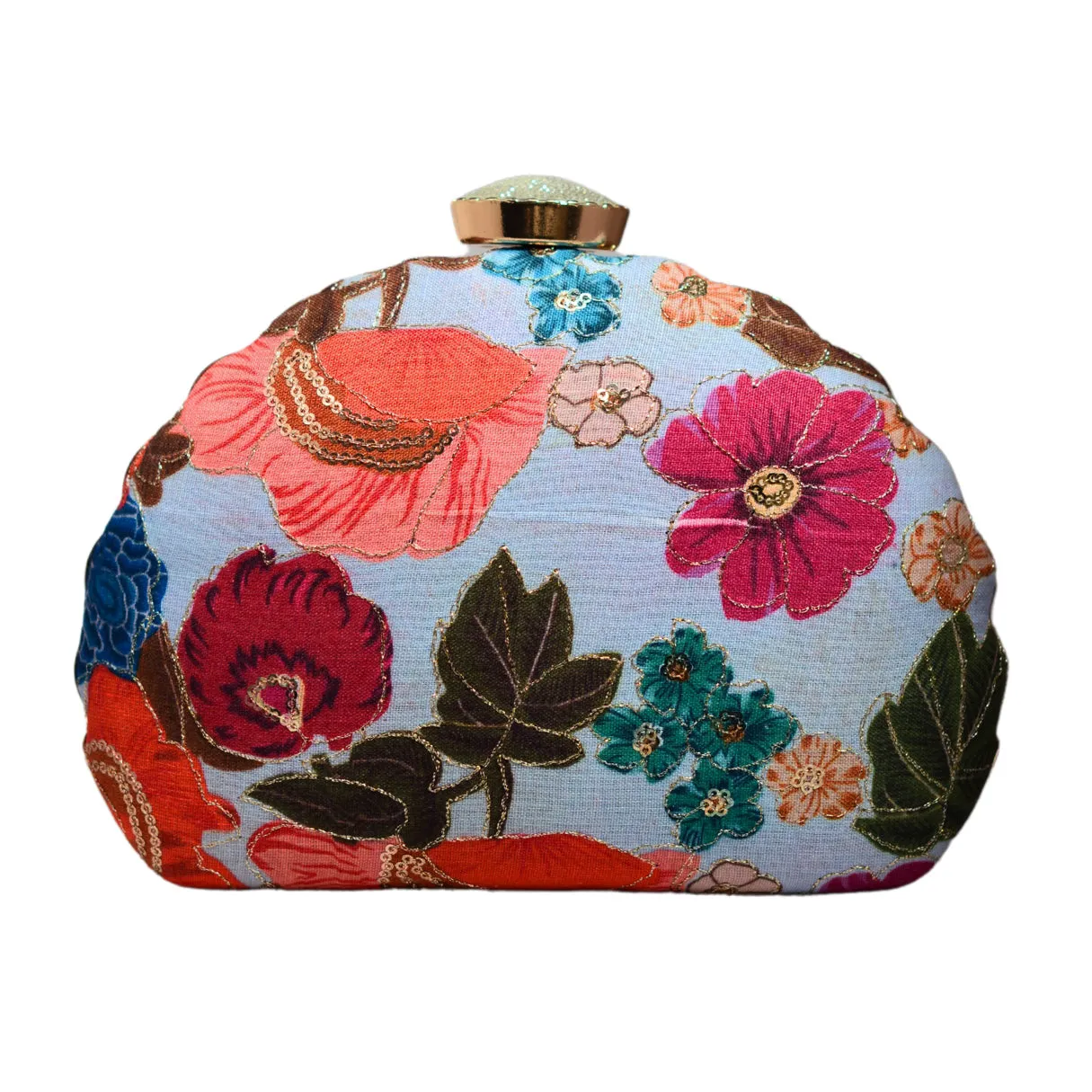 Blue Floral Printed Zari Embroidery Clutch