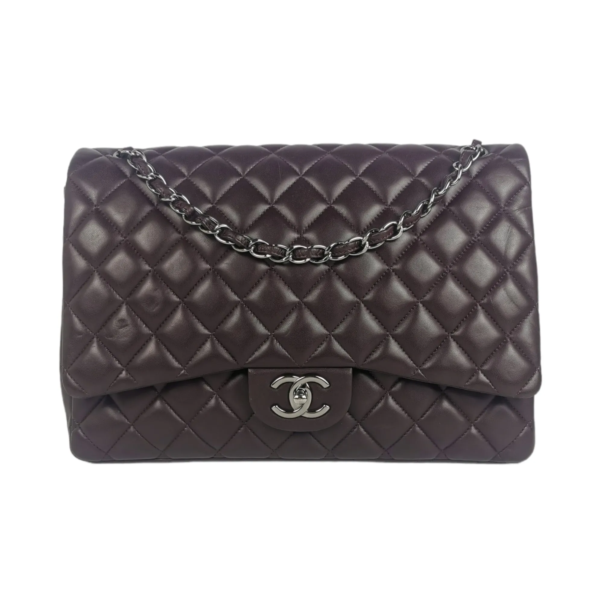 Chanel Classic Double Flap Maxi Purple Lambskin Silver