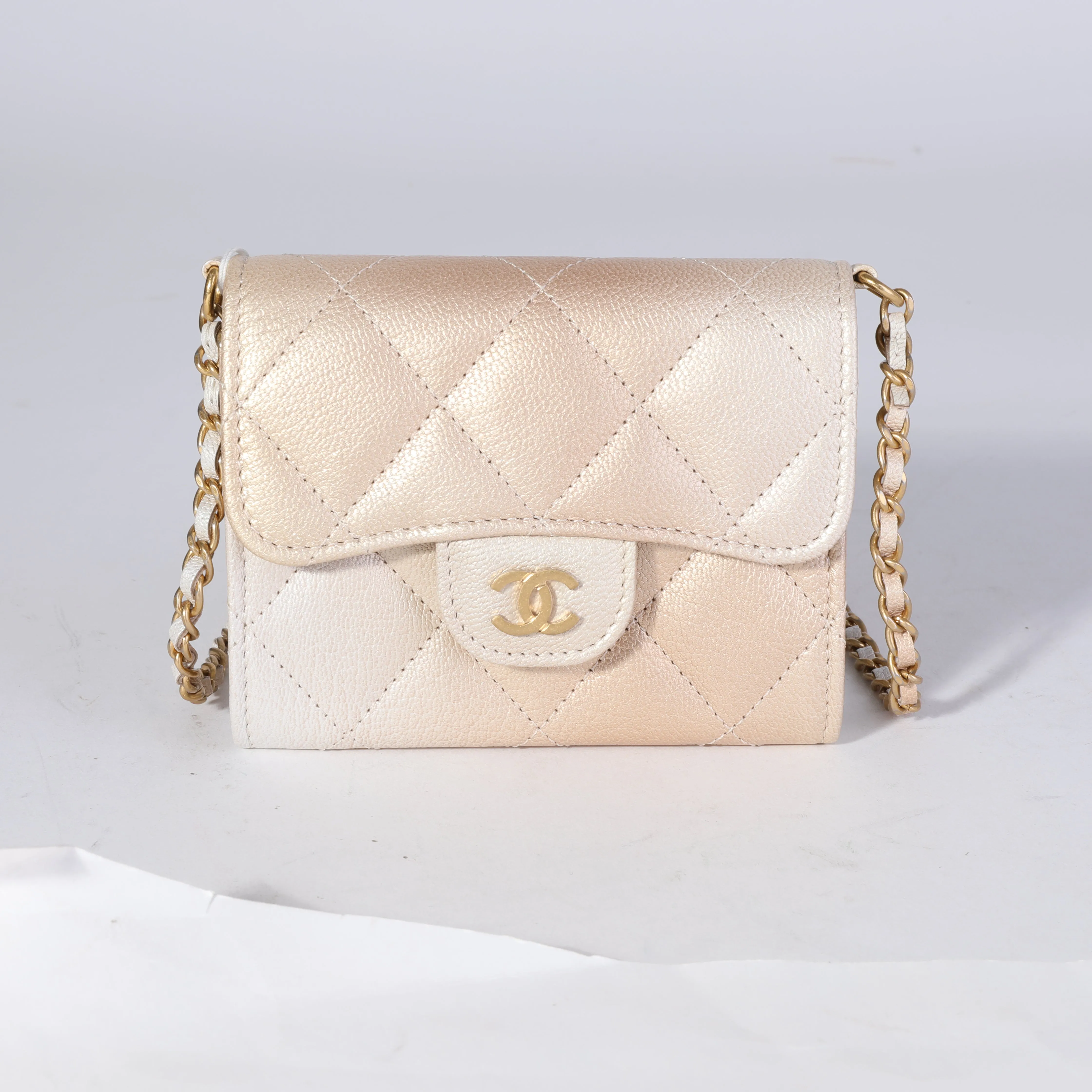 CHANEL Gold Metallic Ombre Quilted Goatskin Classic Mini Clutch with Chain