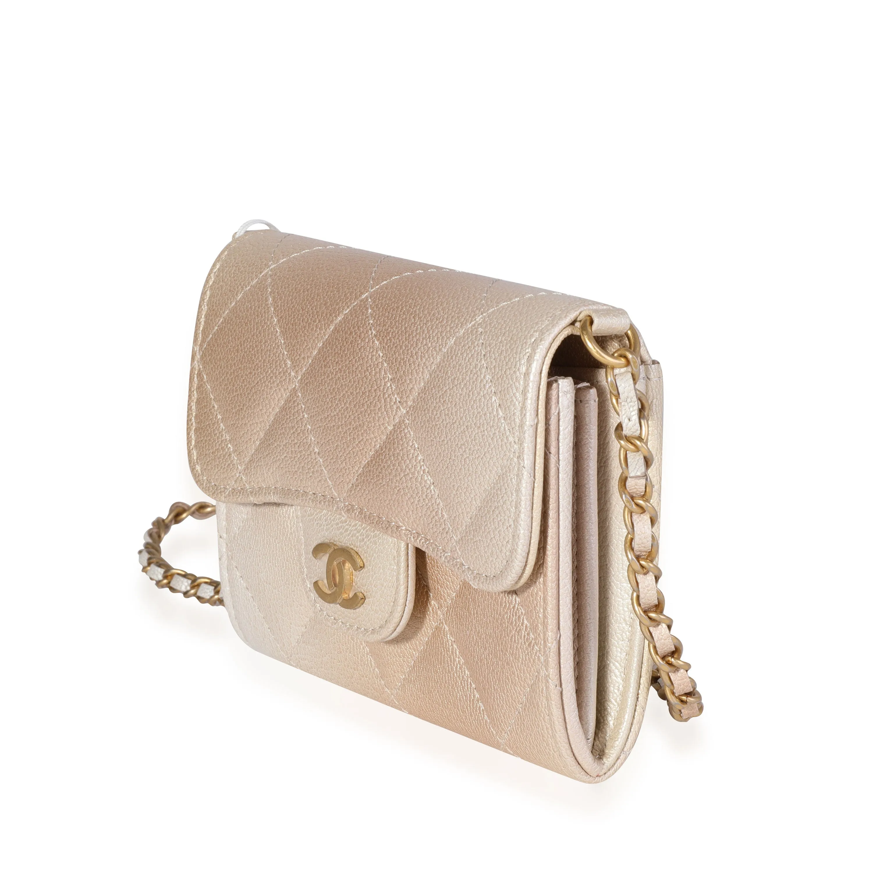 CHANEL Gold Metallic Ombre Quilted Goatskin Classic Mini Clutch with Chain