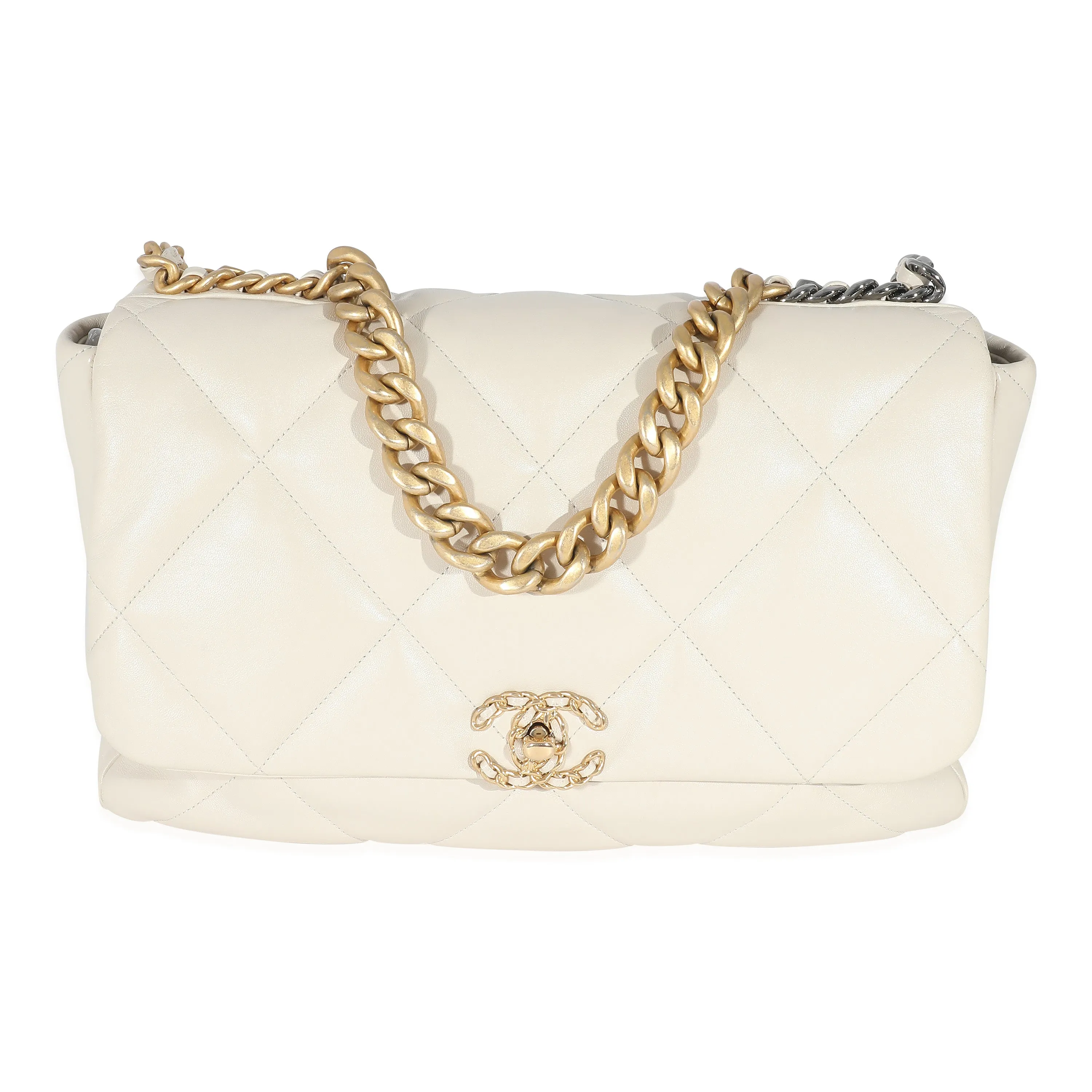 CHANEL Ivory Shiny Quilted Lambskin Maxi 19 New Bag