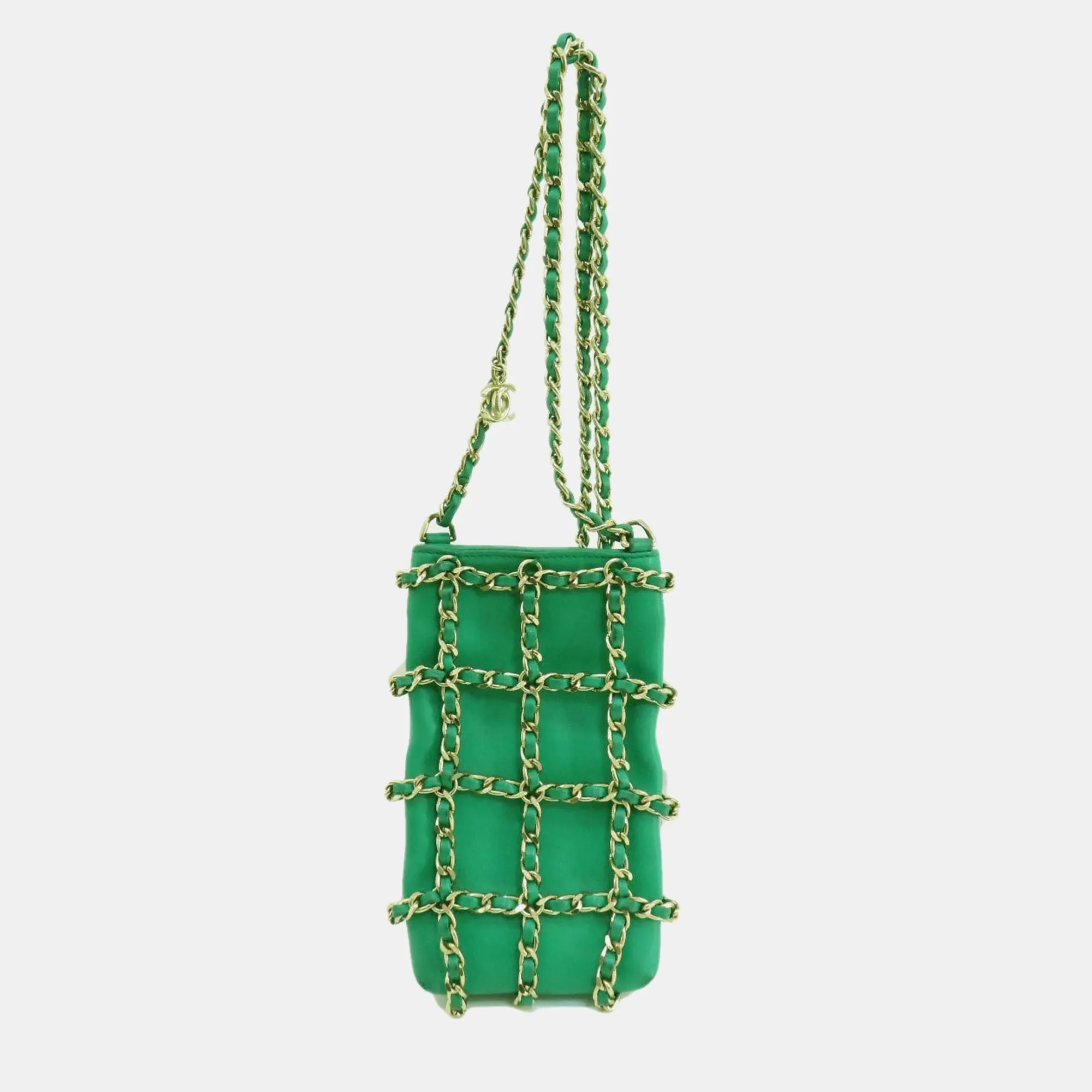 Green Lambskin Tech Me Out Clutch With Chain