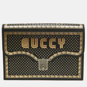 Gucci  Leather Printed Guccy Portfolio Clutch