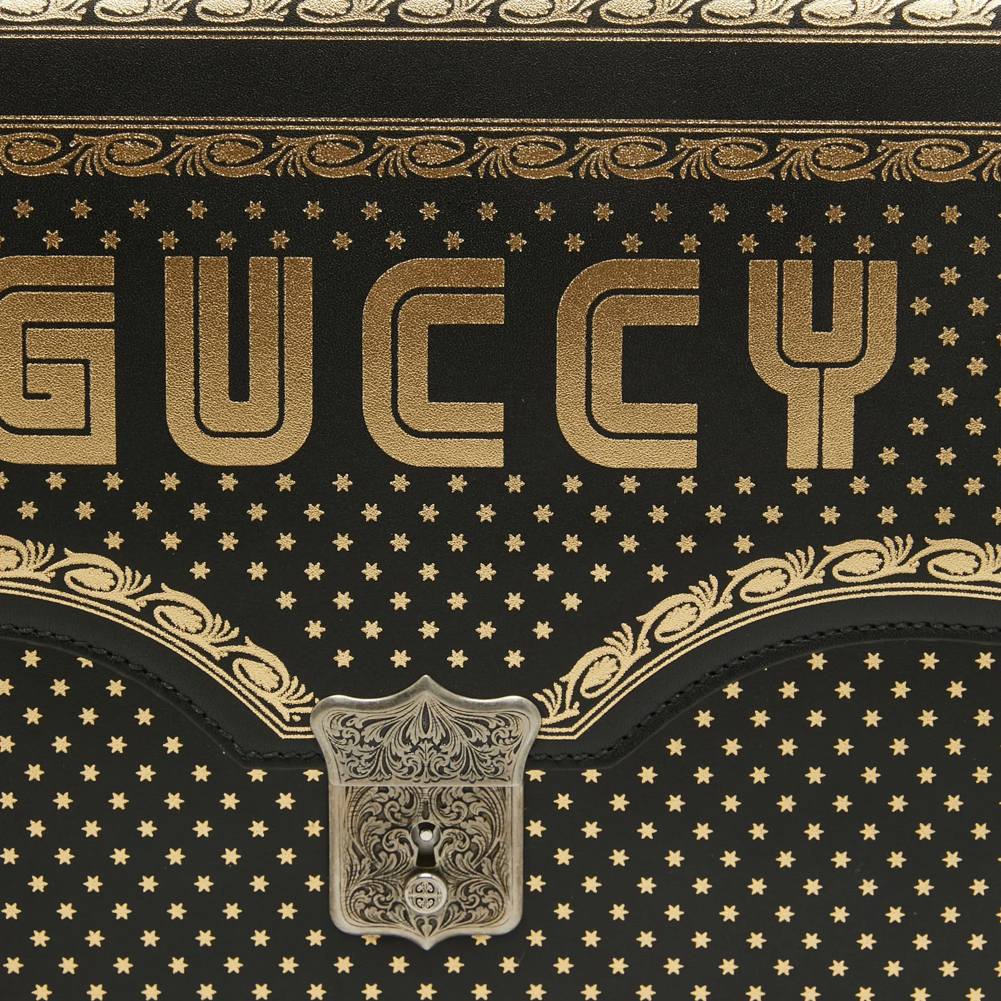 Gucci  Leather Printed Guccy Portfolio Clutch