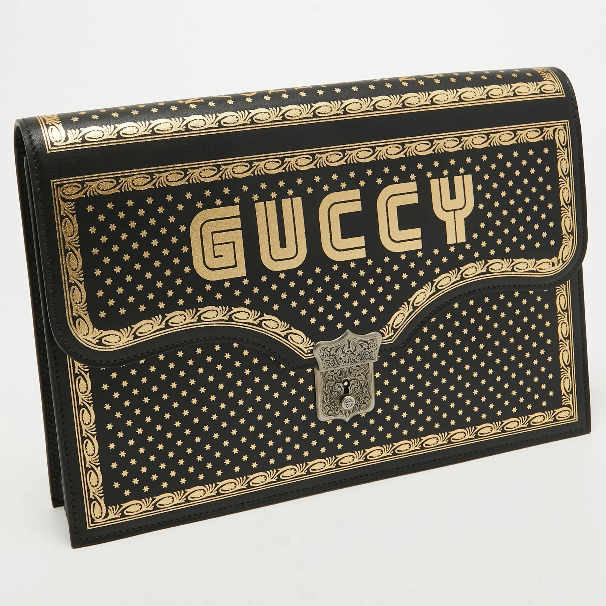 Gucci  Leather Printed Guccy Portfolio Clutch