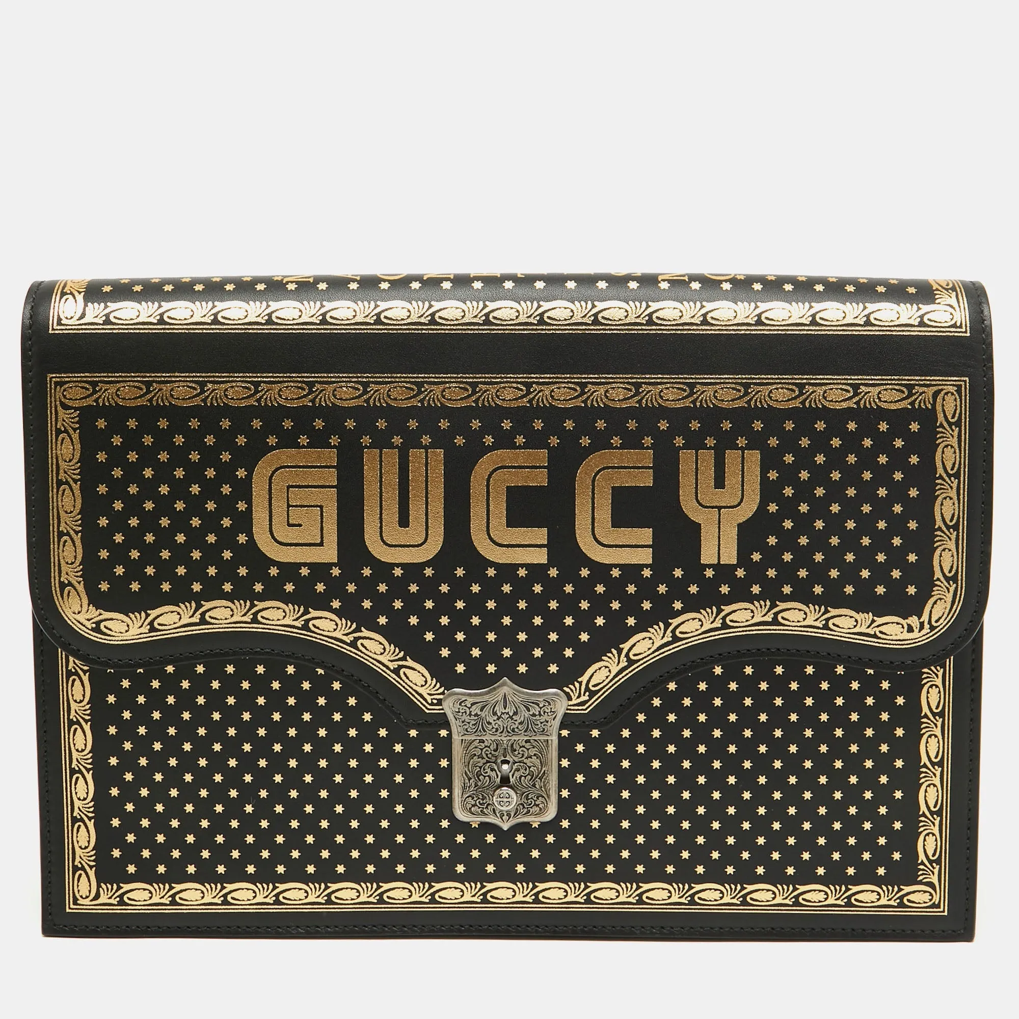 Gucci  Leather Printed Guccy Portfolio Clutch