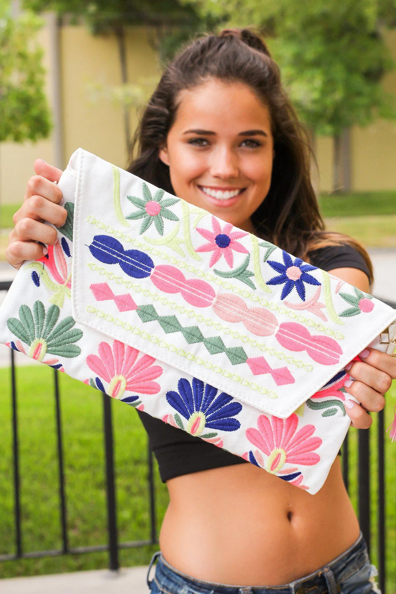 Ivory and Neon Printed Envelope Clutch