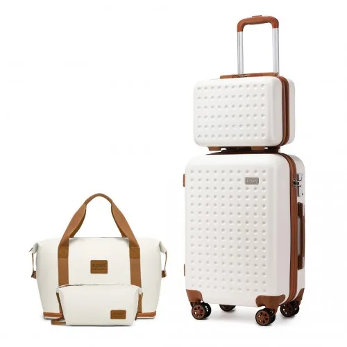 Kono 20 Inch ABS Carry On Cabin Suitcase | 4 Piece Travel Set with Vanity Case, Weekend Bag & Toiletry Bag - Cream