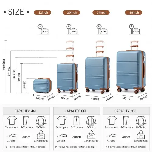 Kono 4-Piece Suitcase Set with Vanity Case - Stylish Grayish Blue & Brown Travel Luggage