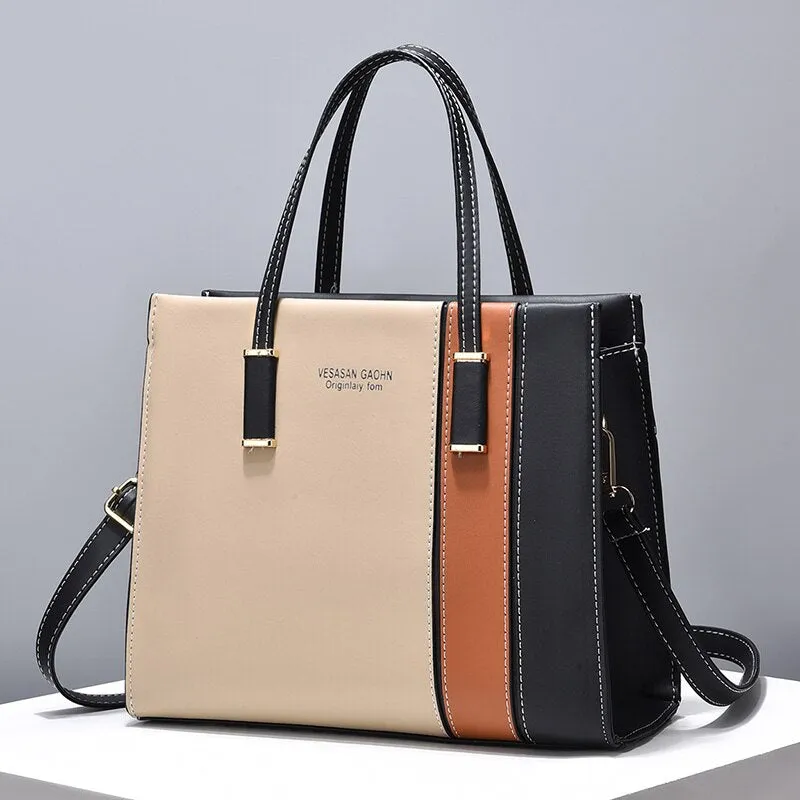 Large-Capacity Tote Patchwork Handbag With Shoulder Strap Women's