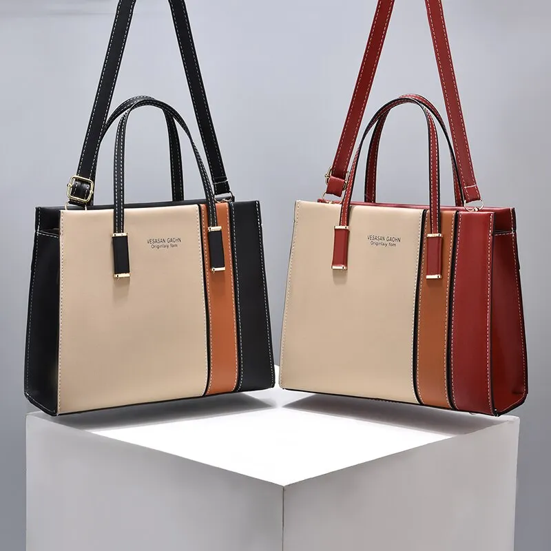 Large-Capacity Tote Patchwork Handbag With Shoulder Strap Women's