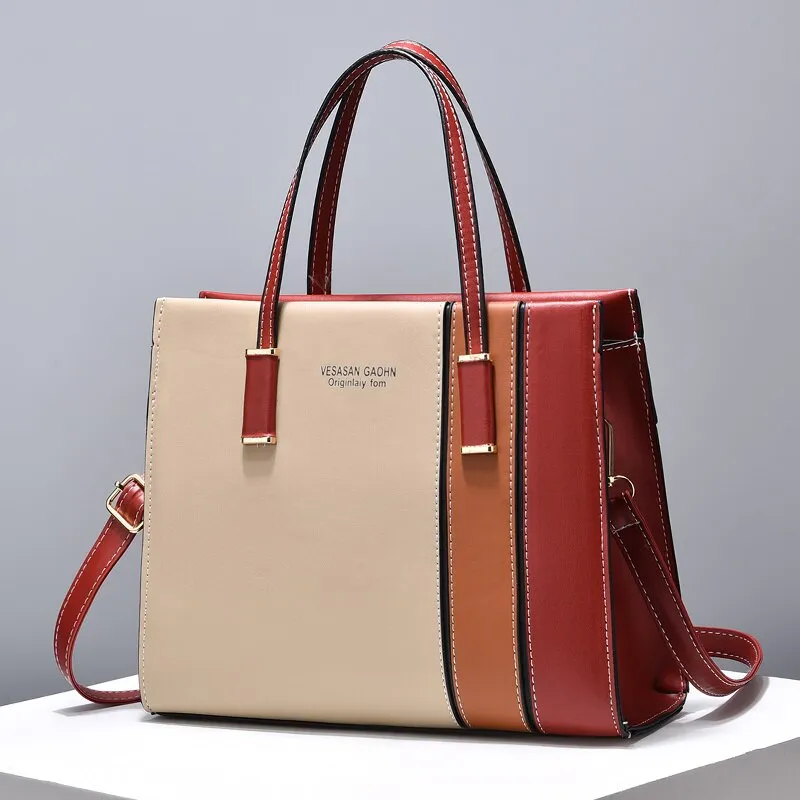 Large-Capacity Tote Patchwork Handbag With Shoulder Strap Women's