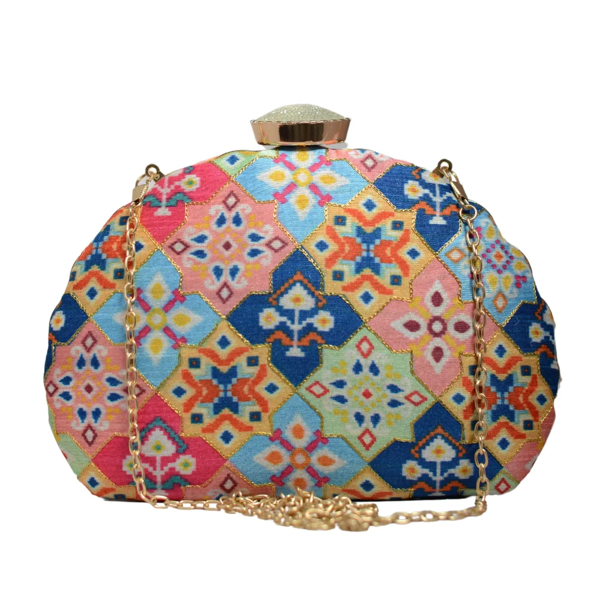 Multicolor Floral Printed Zari Embroidery Clutch