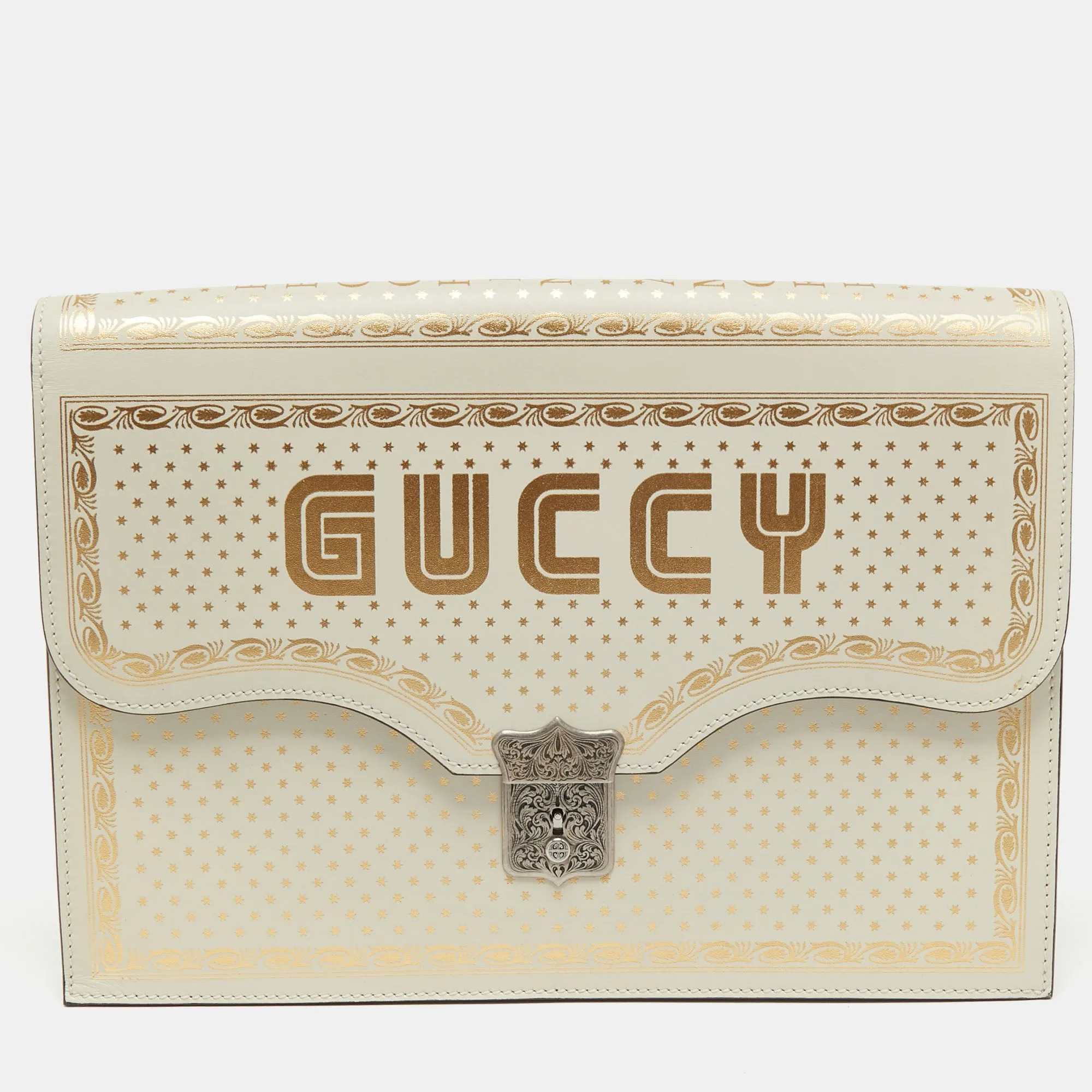 Off White Leather Guccy Portfolio Clutch