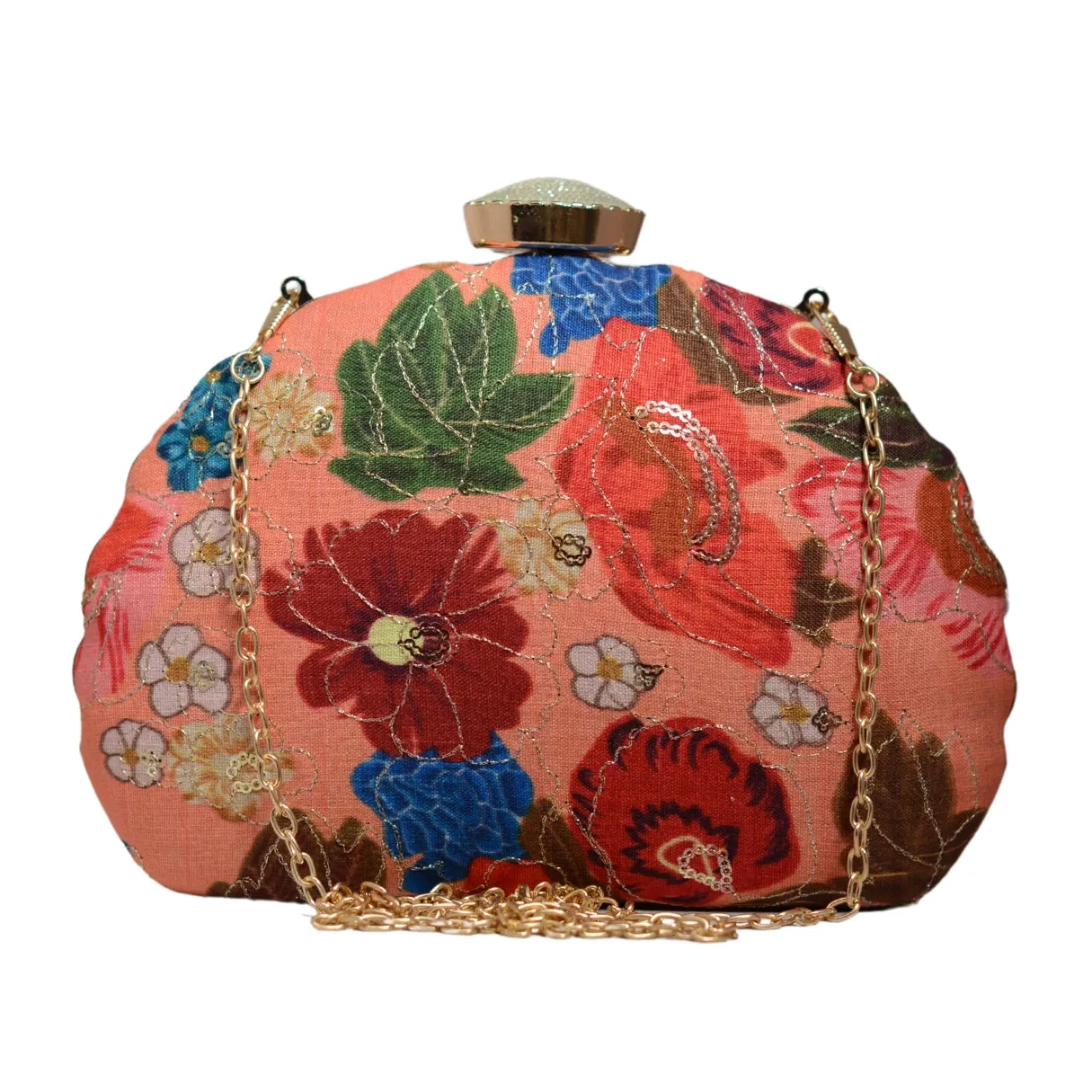 Orange Floral Printed Zari Embroidery Clutch