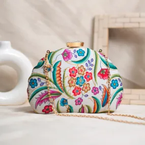 White Floral Printed Moon Shaped Clutch