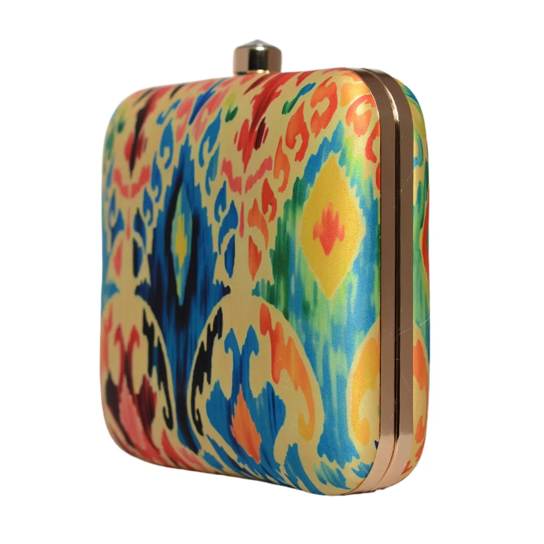 Yellow Based Multicolour Ikkat Printed Clutch