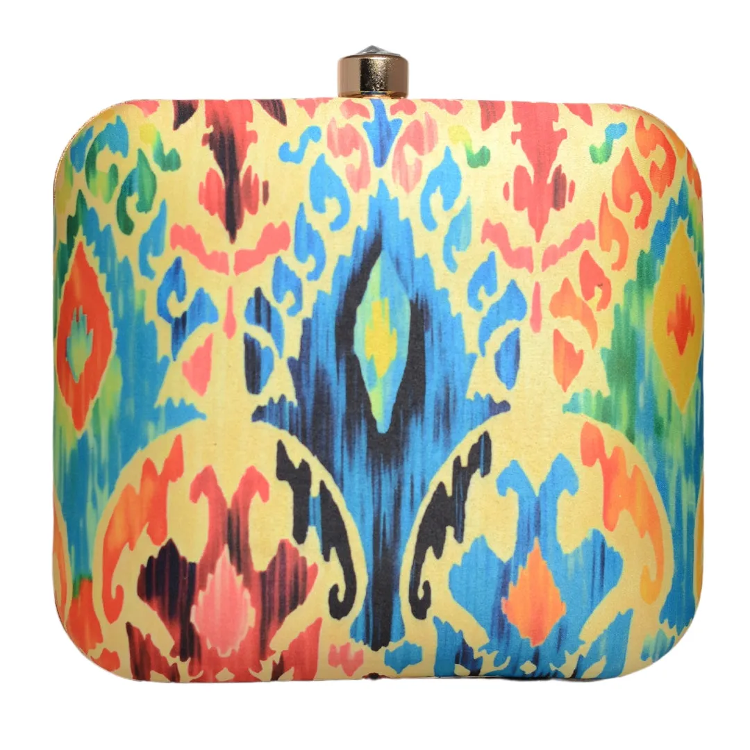 Yellow Based Multicolour Ikkat Printed Clutch