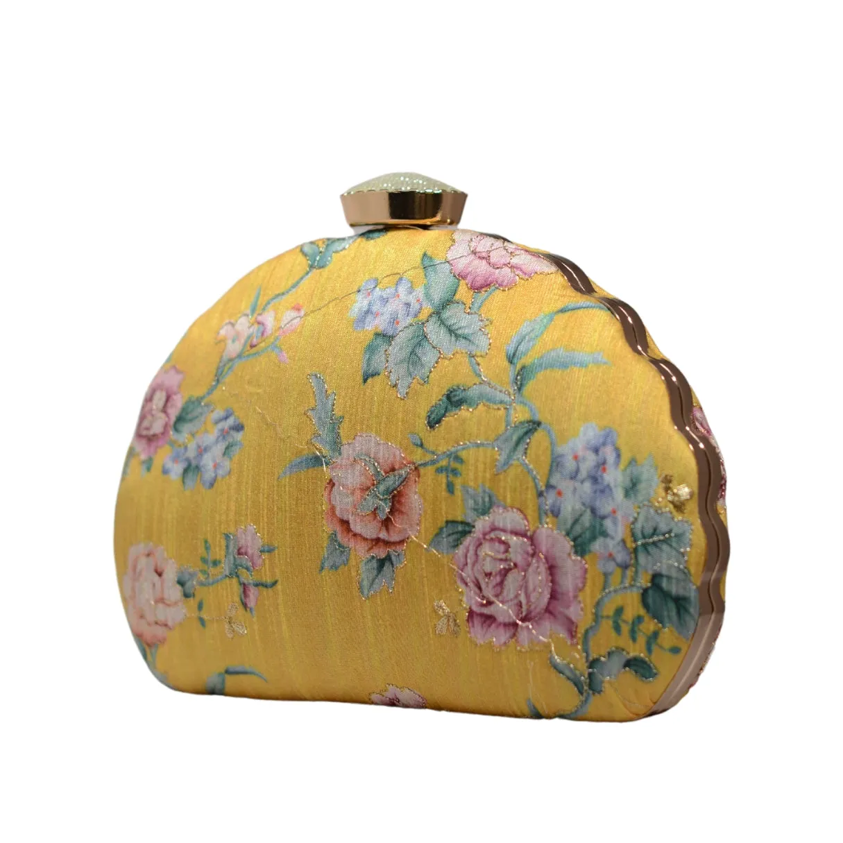 Yellow Floral Printed Zari Embroidery Clutch