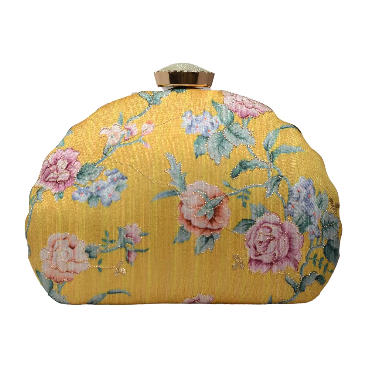 Yellow Floral Printed Zari Embroidery Clutch